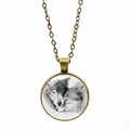 Macro view of bronze pendant necklace featuring black and white wolf sketch illustration - Bronze