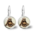 Chic silver leverback earrings with round glass cabochon featuring a cute sloth illustration - Silver Color (JY003258-1)