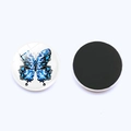 Detailed front and back view of 25mm blue butterfly glass fridge magnet with magnetic backing - Blue Patterned Butterfly (JY003518-11)