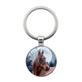 Winter paard portret glazen sleutelhanger met maan en dennenbos op een zilveren ring - Zilver (JY003412)