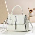 Detail of white lychee-textured handbag with silver metal buckle and tassel pendant - Off White