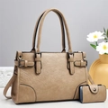 Elegantes khakifarbenes Lederhandtaschen-Set mit Kartenhalter in Vorderansicht gezeigt - Khaki