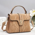 Elegant tan faux leather handbag with marble texture and gold twist-lock for women - Apricot
