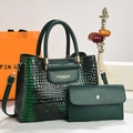 Bolso de mano verde oscuro con estampado de cocodrilo, cartera a juego y herrajes dorados - Verde Oscuro