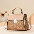 Women's two-tone crossbody handbag in beige and brown with geometric pattern and metal lock - Khaki