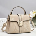 Elegant beige marble pattern handbag with golden twist lock and adjustable strap - Light Khaki