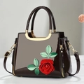 Fashion gradient patent leather handbag with 3D red rose applique and gold hardware - Coffee