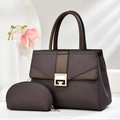 Detailed view of dark brown textured tote bag with gold buckle and matching coin purse - Coffee