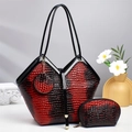 Three-piece tote bag set with red gradient crocodile pattern and matching pouch - Red