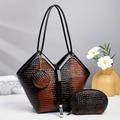 Brown crocodile pattern tote bag set with V-shaped edge and matching pouch - Brown