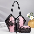 Three-piece women's tote set in pink snakeskin pattern with matching purse and small pouch - Pink