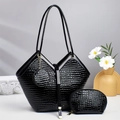 Close-up of three-piece black crocodile pattern patent leather tote bag set for women - Black