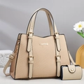 Minimalist beige woven tote bag set with matching wallet and adjustable shoulder strap - Khaki