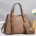 Brown woven texture tote bag set with adjustable shoulder strap and small pouch - Brown