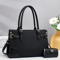 Elegant black textured PU leather handbag with top handle and matching card holder pouch - Black