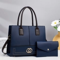 Dunkelblaue Tragetasche und Clutch-Set mit Goldnieten und braunen Doppelgriffen - Blau