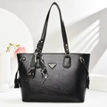 Classic black PU leather tote bag with lychee texture and silk scarf decoration - Black