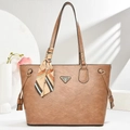Brown vintage leather tote bag with silk scarf and metallic logo plate on front - Dark Khaki