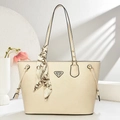 Elegant beige faux leather tote bag with silk scarf handle and metal logo detail - White