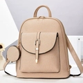 Women's 2025 casual canvas backpack with leather trim and round zipper pouch - Khaki