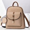 Women's twill weave backpack with brown leather trim and matching round coin purse - Brown