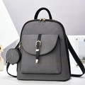 Detail of grey textured fabric backpack with gold zippers and detachable round pouch - Black