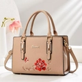 Elegant embroidered beige handbag with floral peony patterns and crossbody strap - Light Khaki
