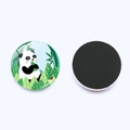 Detail of round panda fridge magnet showing cartoon art and black magnetic backing - Panda with Bamboo Shoot