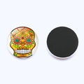 Front and back detail of 25mm sugar skull glass magnet with strong round black magnetic base - Sugar Skull Style 9 (JY003542-9)