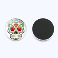 Front and back view of a 25mm glass sugar skull fridge magnet with magnetic backing - Sugar Skull Style 13 (JY003542-13)