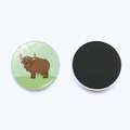 Close-up of circular yak animal fridge magnet showing both cartoon front and back magnet - Yak Style (JY003526-12)