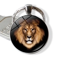 Detailed macro view of lion head glass dome pendant on a silver metal keychain - Realistic Male Lion Head (JY003702-5)