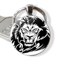 Lion head glass cabochon keychain with metal ring shown next to a silver key - Sharp Black and White Lion Head (JY003702-10)