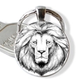 Lion head round metal keychain with artistic sketch glass cabochon and silver key ring - Sketch Line Drawing Lion Head (JY003702-11)