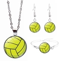 Detailed set of volleyball theme jewelry with glass dome necklace, earrings and bracelet - Neon Yellow (JY003876-9)