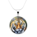 Macro detail of silver tiger head pendant necklace with clear glass cabochon - Majestic Realistic Illustration (JY003755-4)