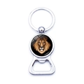Detail of metal bottle opener keychain featuring a realistic lion head glass dome pendant - Detailed Realistic Lion Style (JY003703-5)