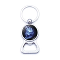 Detailed view of metal lion keychain bottle opener with blue fire graphic glass dome - Blue Flame Totem Lion Style (JY003703-8)