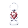 Close-up of metal bottle opener keychain with glass dome lion head logo insert - Red and White Lion Style (JY003703-9)