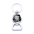 Close-up of metal lion head key ring with integrated bottle opener tool on white background - Black and White Tribal Lion Style (JY003703-10)