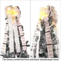 LED lighted Christmas tree topper bow with gold Ho Ho Ho print and hanging ribbons - Double Layer HO Snowflake Glowing Bow