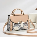 Elegant beige paisley print handbag with metal top handle and adjustable shoulder strap - Khaki