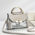 Detail view of paisley print handbag with gray leather panels and gold twist lock - Gray