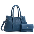 Set borsa tote e portafoglio in pelle blu goffrata con trama litchi e dettagli argento - Blu
