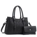 Black embossed faux leather 2-piece tote bag and wallet set with silver hardware - Black