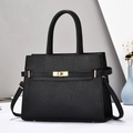Classic black litchi texture handbag with gold metal lock and detachable shoulder strap - Black