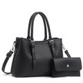 Set borsa a mano nera in pelle a grana di litchi con portafoglio lungo coordinato - Nero