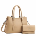 Two-piece macaron leather tote set with lychee texture and matching flap wallet - Apricot