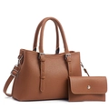 Brown lychee pattern leather handbag set with shoulder strap and small matching pouch - Earthy Yellow