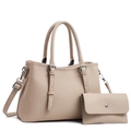 Set borsa beige con motivo litchi e pochette coordinata con vista a 45 gradi - Bianco Sporco